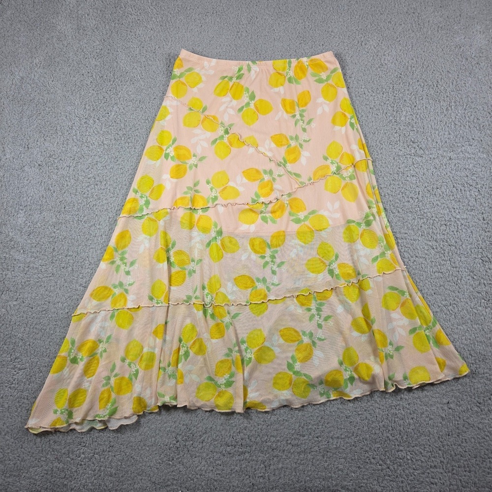 Fruitcore Tiered Sheer Skirt M Yellow Lemon Print Asymmetrical Hem Coquette Boho